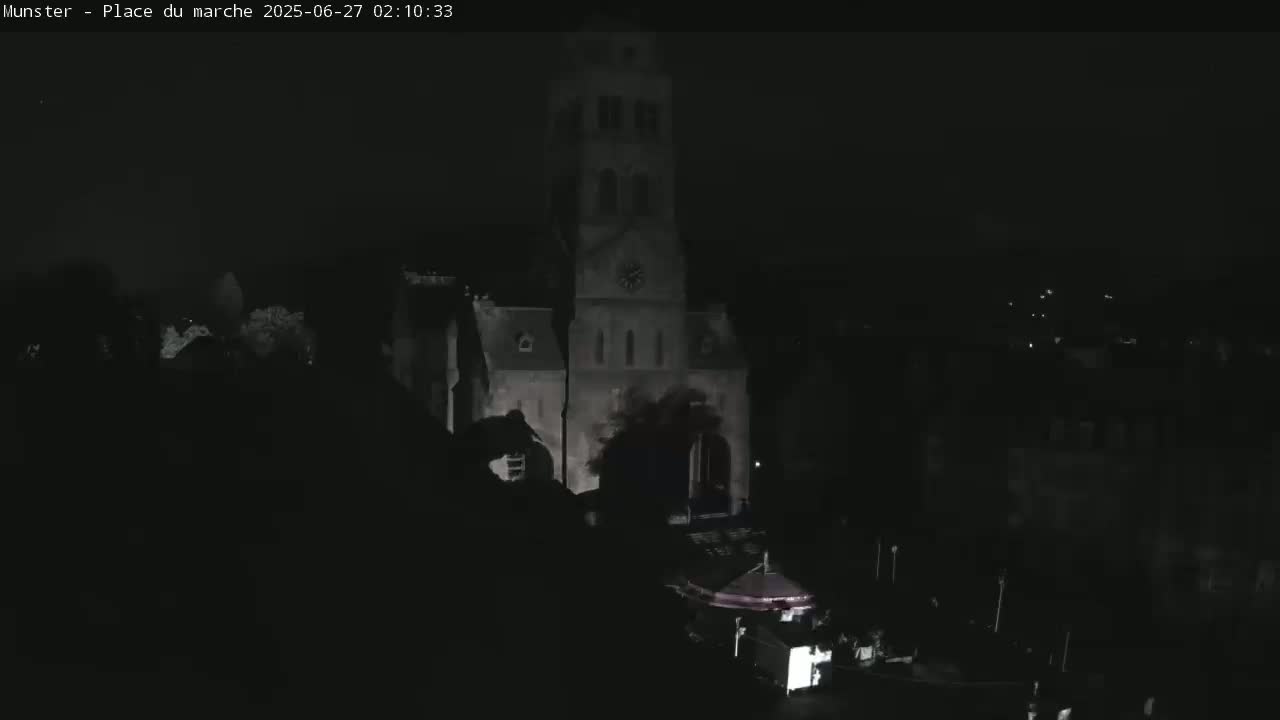 Munster,Place du Marché ( Market Square) & La Fontaine Lion Fountain / Église protestante (Protestant Church) Live Cam -  Colmar-Ribeauvillé, Haut-Rhin, Grand Est, France