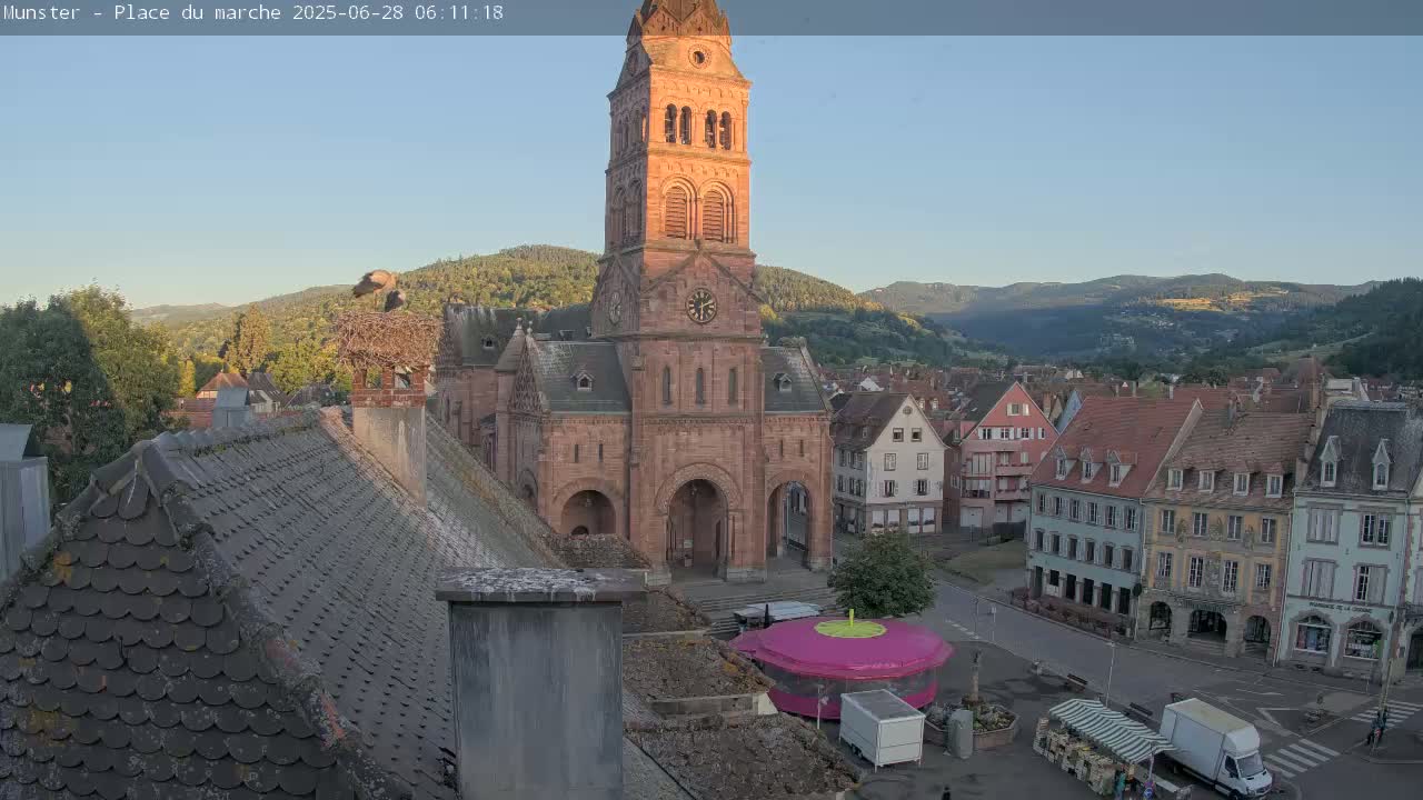 Munster,Place du Marché ( Market Square) & La Fontaine Lion Fountain / Église protestante (Protestant Church) Live Cam -  Colmar-Ribeauvillé, Haut-Rhin, Grand Est, France