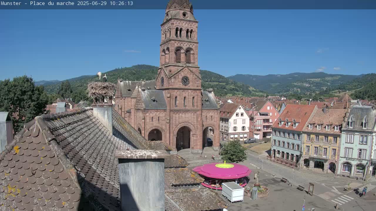Munster,Place du Marché ( Market Square) & La Fontaine Lion Fountain / Église protestante (Protestant Church) Live Cam -  Colmar-Ribeauvillé, Haut-Rhin, Grand Est, France