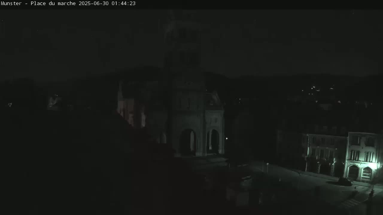 Munster,Place du Marché ( Market Square) & La Fontaine Lion Fountain / Église protestante (Protestant Church) Live Cam -  Colmar-Ribeauvillé, Haut-Rhin, Grand Est, France
