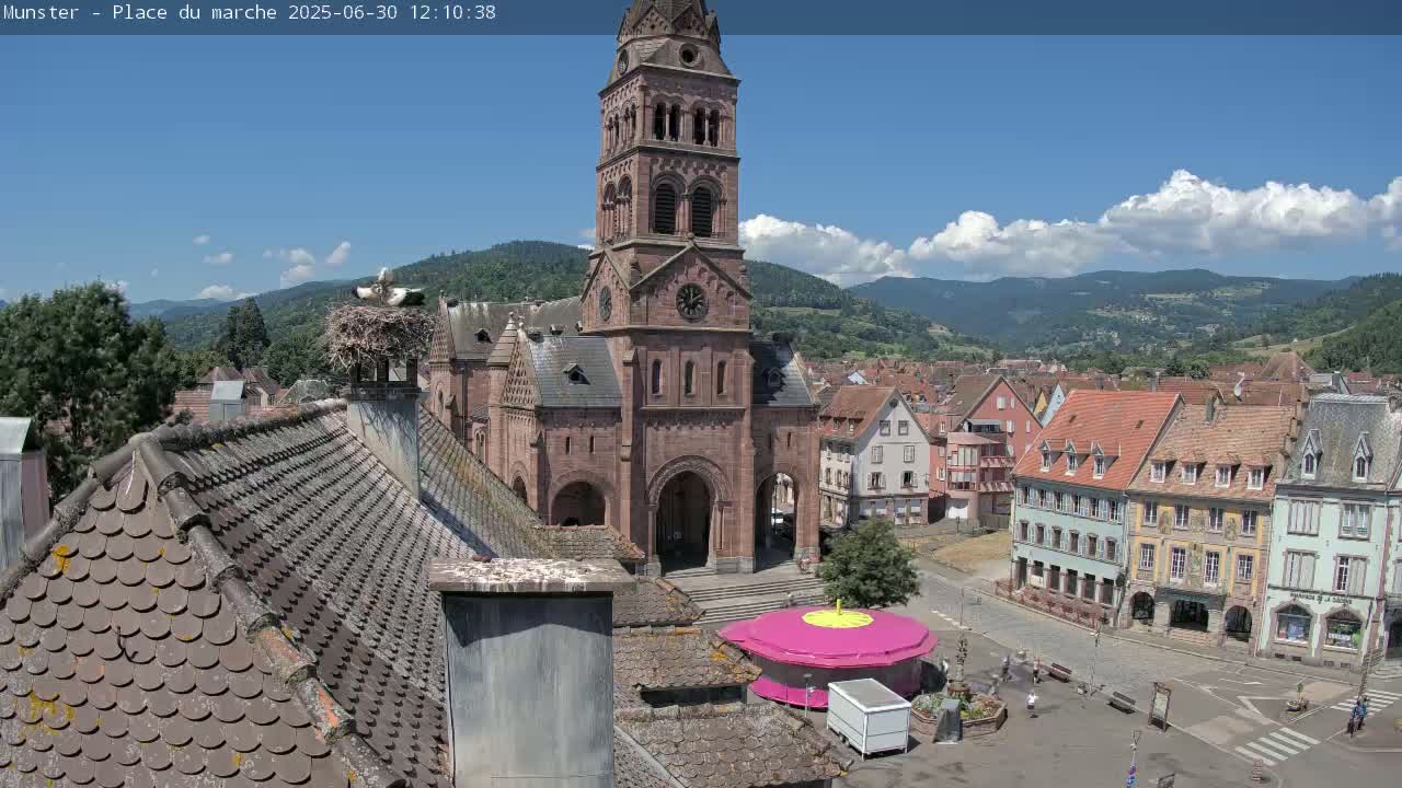 Munster,Place du Marché ( Market Square) & La Fontaine Lion Fountain / Église protestante (Protestant Church) Live Cam -  Colmar-Ribeauvillé, Haut-Rhin, Grand Est, France