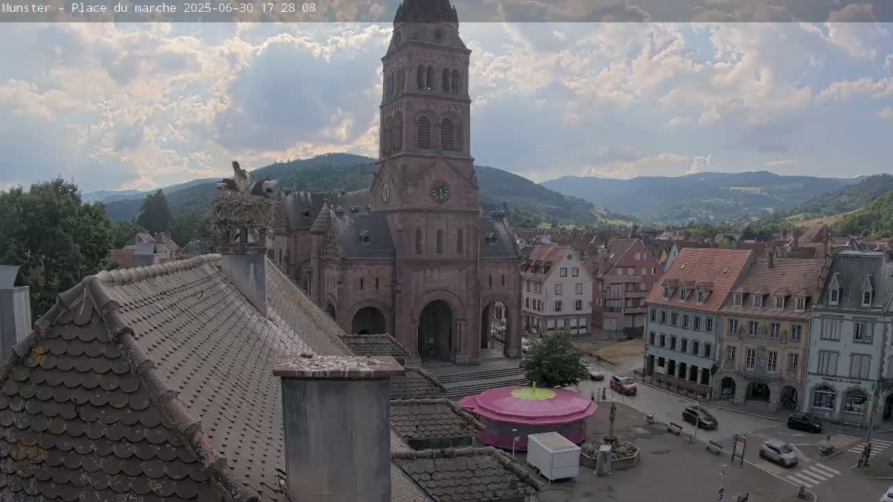 Munster,Place du Marché ( Market Square) & La Fontaine Lion Fountain / Église protestante (Protestant Church) Live Cam -  Colmar-Ribeauvillé, Haut-Rhin, Grand Est, France