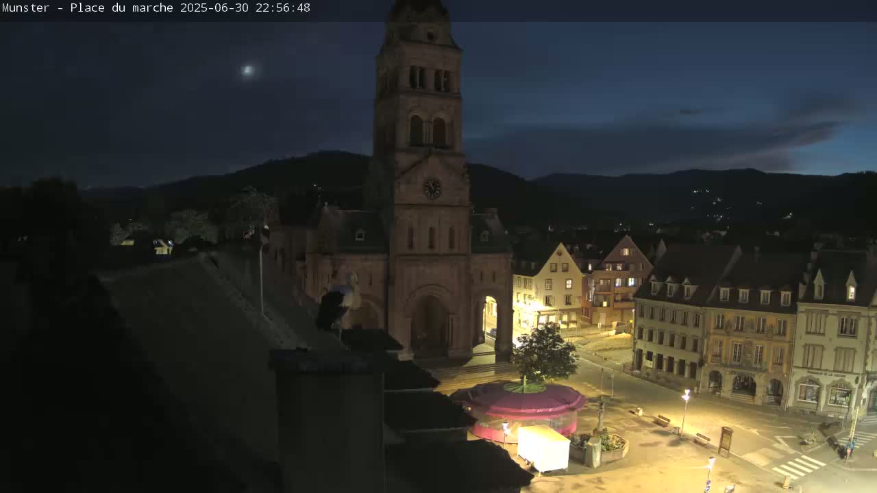 Munster,Place du Marché ( Market Square) & La Fontaine Lion Fountain / Église protestante (Protestant Church) Live Cam -  Colmar-Ribeauvillé, Haut-Rhin, Grand Est, France