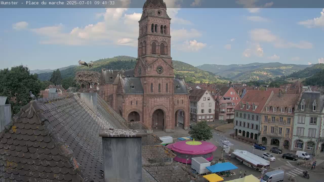 A large church with a tall steeple stands in a town square on a partly cloudy day, with storks in a nest on a nearby building and a market set up below.
