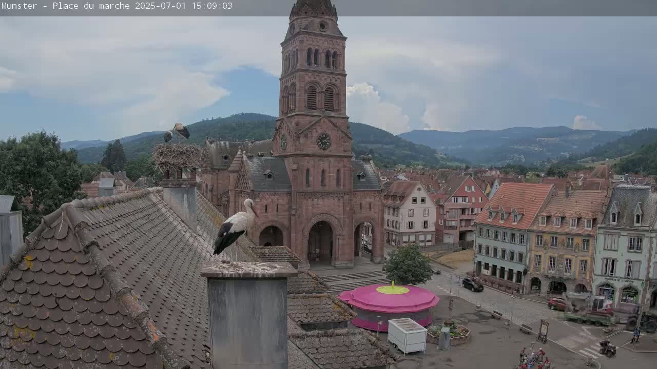 Munster,Place du Marché ( Market Square) & La Fontaine Lion Fountain / Église protestante (Protestant Church) Live Cam -  Colmar-Ribeauvillé, Haut-Rhin, Grand Est, France