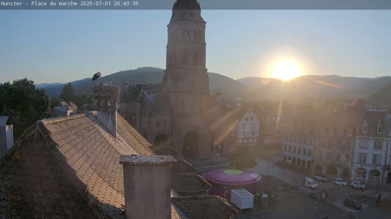 Munster,Place du Marché ( Market Square) & La Fontaine Lion Fountain / Église protestante (Protestant Church) Live Cam -  Colmar-Ribeauvillé, Haut-Rhin, Grand Est, France