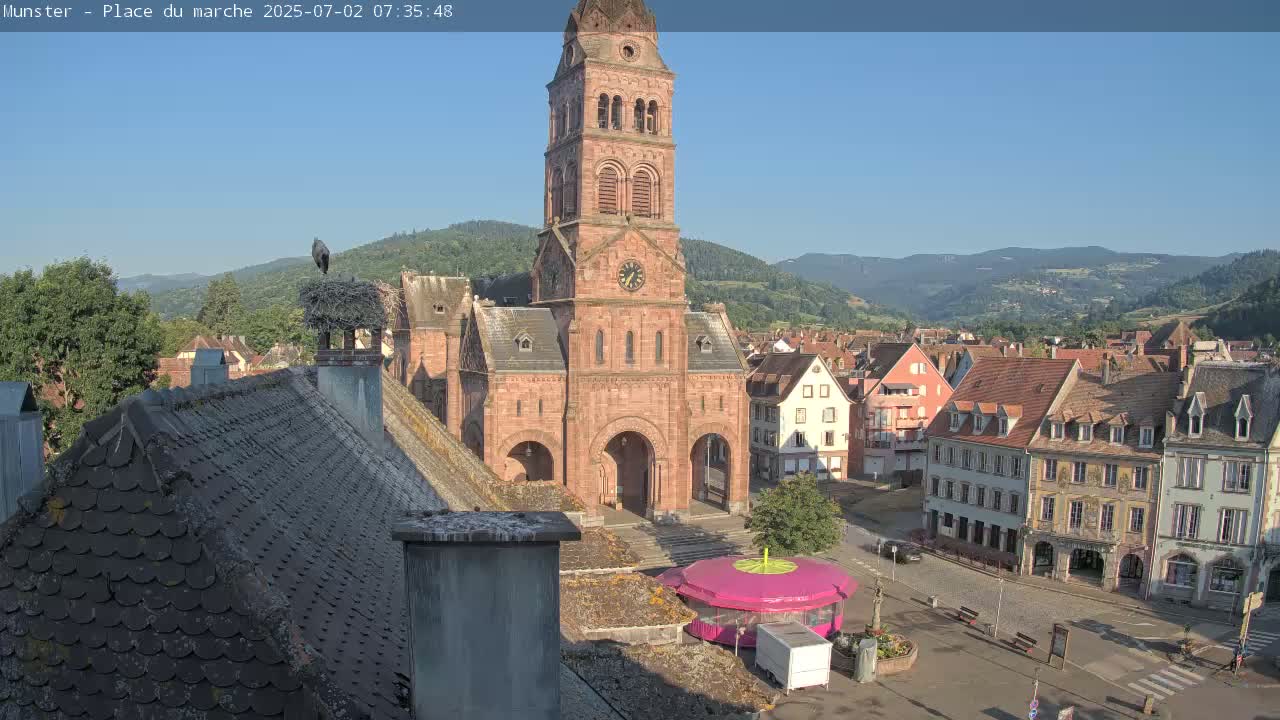 Munster,Place du Marché ( Market Square) & La Fontaine Lion Fountain / Église protestante (Protestant Church) Live Cam -  Colmar-Ribeauvillé, Haut-Rhin, Grand Est, France