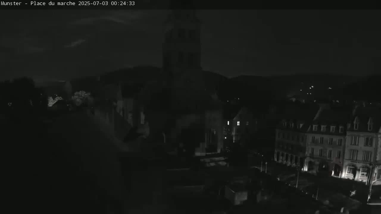 Munster,Place du Marché ( Market Square) & La Fontaine Lion Fountain / Église protestante (Protestant Church) Live Cam -  Colmar-Ribeauvillé, Haut-Rhin, Grand Est, France