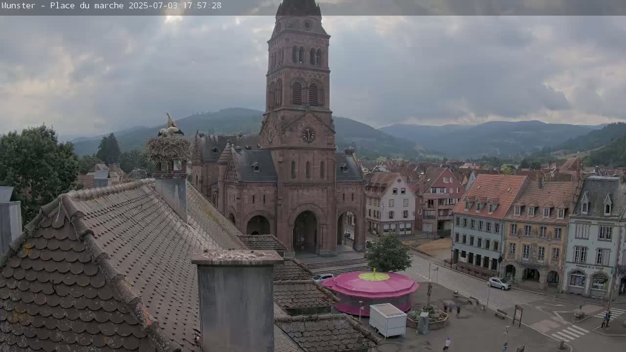 Munster,Place du Marché ( Market Square) & La Fontaine Lion Fountain / Église protestante (Protestant Church) Live Cam -  Colmar-Ribeauvillé, Haut-Rhin, Grand Est, France