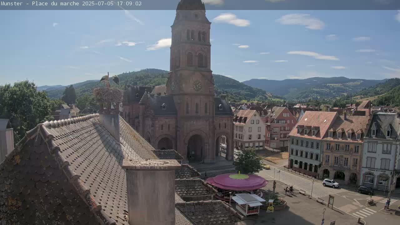 Munster,Place du Marché ( Market Square) & La Fontaine Lion Fountain / Église protestante (Protestant Church) Live Cam -  Colmar-Ribeauvillé, Haut-Rhin, Grand Est, France