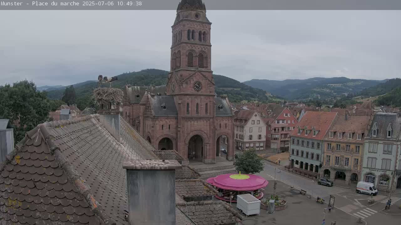 Munster,Place du Marché ( Market Square) & La Fontaine Lion Fountain / Église protestante (Protestant Church) Live Cam -  Colmar-Ribeauvillé, Haut-Rhin, Grand Est, France