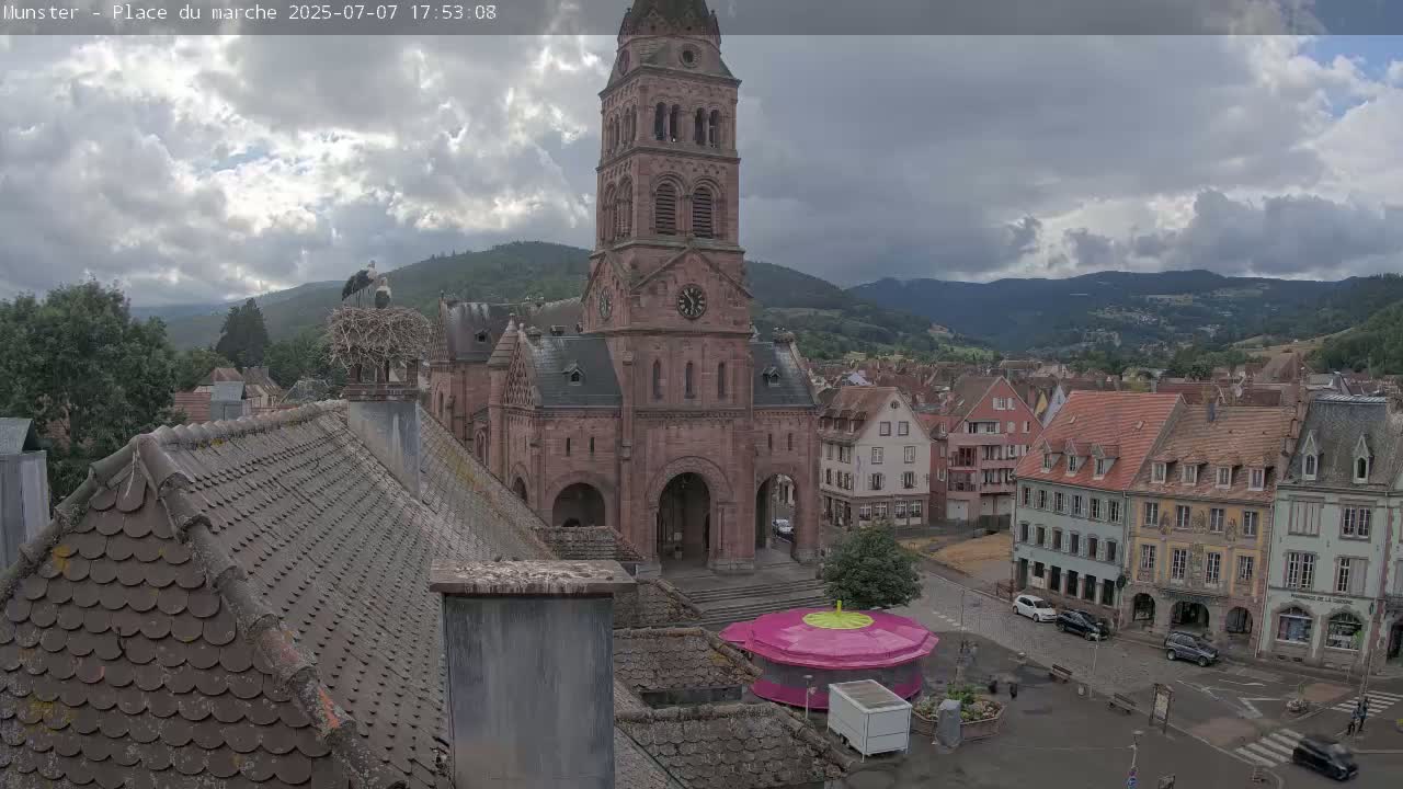 Munster,Place du Marché ( Market Square) & La Fontaine Lion Fountain / Église protestante (Protestant Church) Live Cam -  Colmar-Ribeauvillé, Haut-Rhin, Grand Est, France