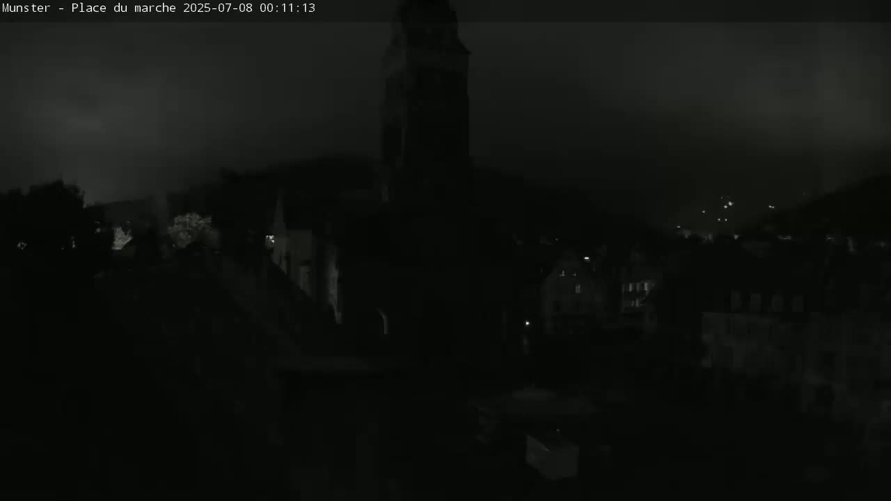Munster,Place du Marché ( Market Square) & La Fontaine Lion Fountain / Église protestante (Protestant Church) Live Cam -  Colmar-Ribeauvillé, Haut-Rhin, Grand Est, France