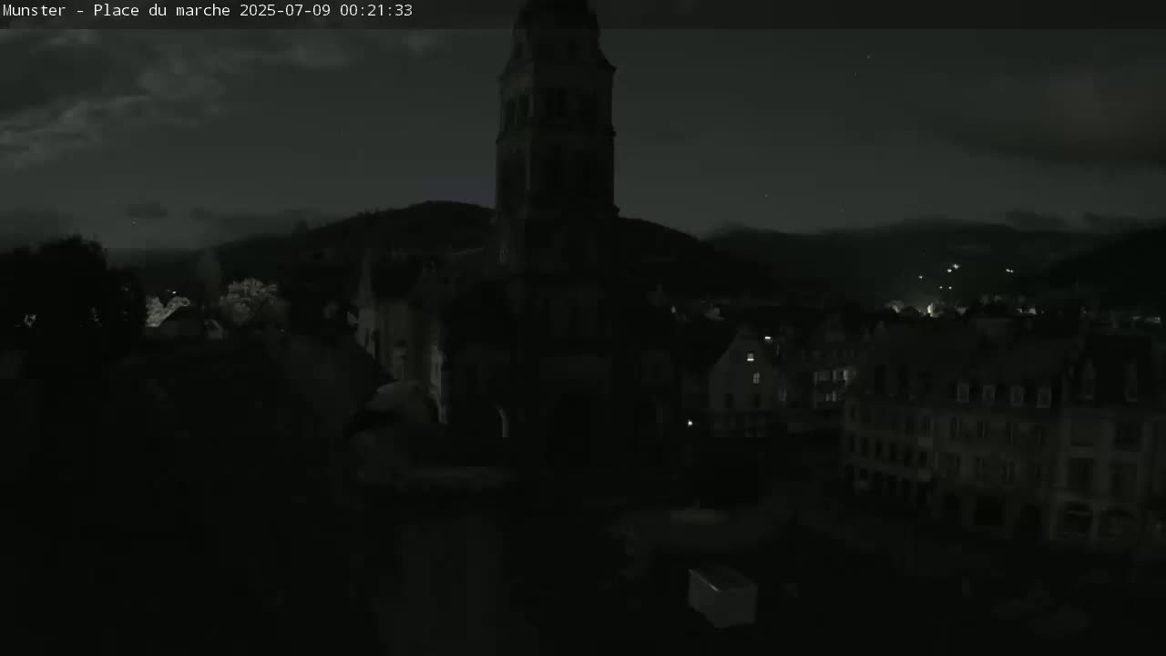 Munster,Place du Marché ( Market Square) & La Fontaine Lion Fountain / Église protestante (Protestant Church) Live Cam -  Colmar-Ribeauvillé, Haut-Rhin, Grand Est, France