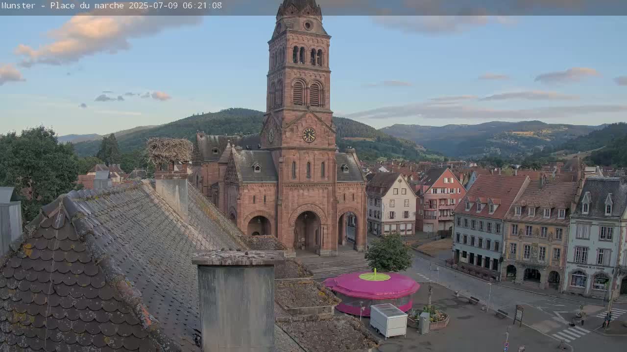 Munster,Place du Marché ( Market Square) & La Fontaine Lion Fountain / Église protestante (Protestant Church) Live Cam -  Colmar-Ribeauvillé, Haut-Rhin, Grand Est, France