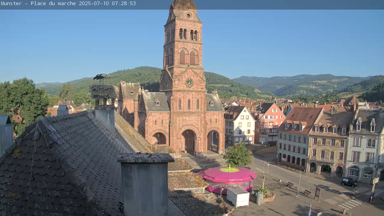 Munster,Place du Marché ( Market Square) & La Fontaine Lion Fountain / Église protestante (Protestant Church) Live Cam -  Colmar-Ribeauvillé, Haut-Rhin, Grand Est, France