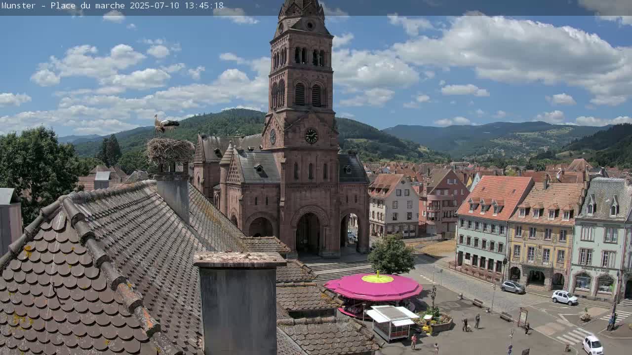 Munster,Place du Marché ( Market Square) & La Fontaine Lion Fountain / Église protestante (Protestant Church) Live Cam -  Colmar-Ribeauvillé, Haut-Rhin, Grand Est, France