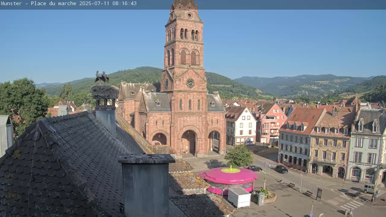 Munster,Place du Marché ( Market Square) & La Fontaine Lion Fountain / Église protestante (Protestant Church) Live Cam -  Colmar-Ribeauvillé, Haut-Rhin, Grand Est, France