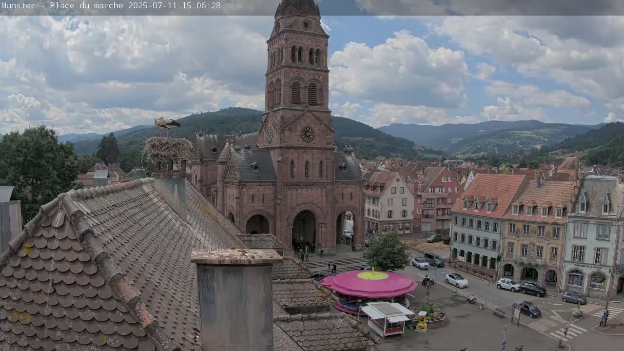 Munster,Place du Marché ( Market Square) & La Fontaine Lion Fountain / Église protestante (Protestant Church) Live Cam -  Colmar-Ribeauvillé, Haut-Rhin, Grand Est, France