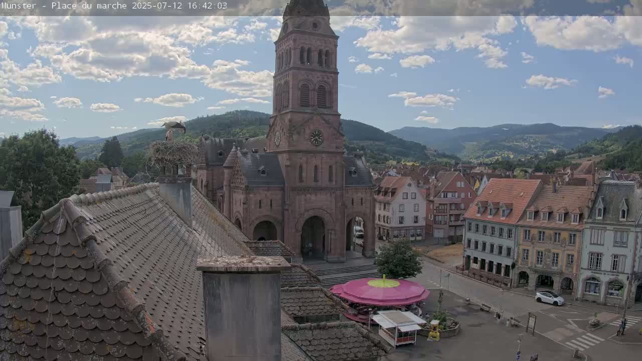 Munster,Place du Marché ( Market Square) & La Fontaine Lion Fountain / Église protestante (Protestant Church) Live Cam -  Colmar-Ribeauvillé, Haut-Rhin, Grand Est, France