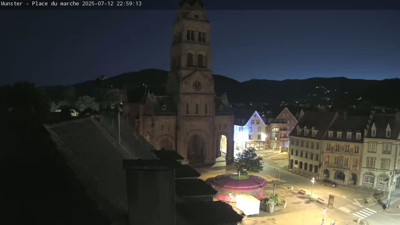Munster,Place du Marché ( Market Square) & La Fontaine Lion Fountain / Église protestante (Protestant Church) Live Cam -  Colmar-Ribeauvillé, Haut-Rhin, Grand Est, France