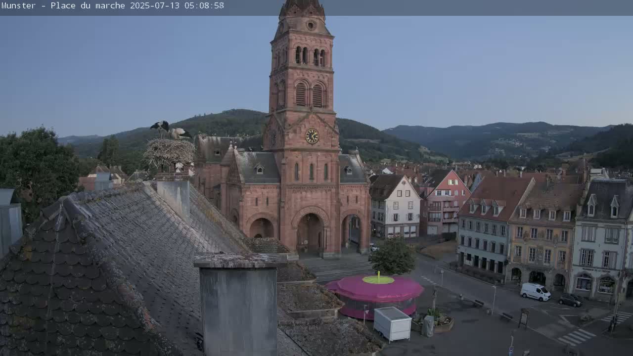 Munster,Place du Marché ( Market Square) & La Fontaine Lion Fountain / Église protestante (Protestant Church) Live Cam -  Colmar-Ribeauvillé, Haut-Rhin, Grand Est, France
