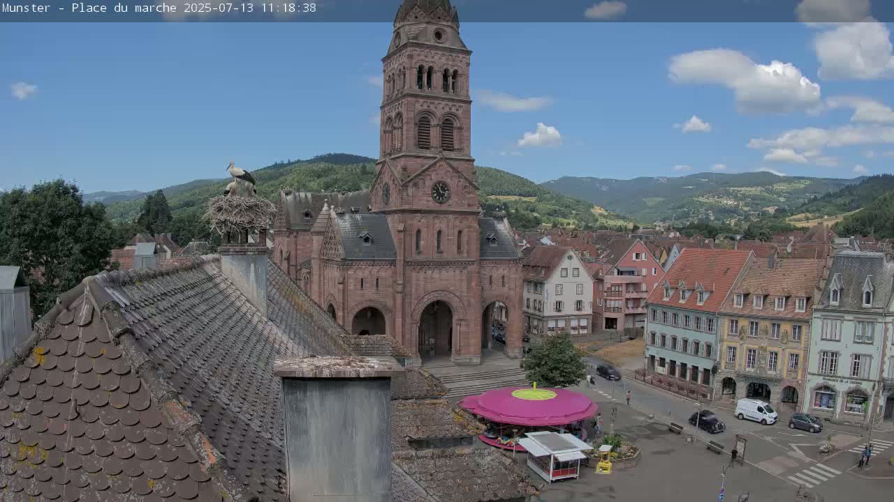 Munster,Place du Marché ( Market Square) & La Fontaine Lion Fountain / Église protestante (Protestant Church) Live Cam -  Colmar-Ribeauvillé, Haut-Rhin, Grand Est, France