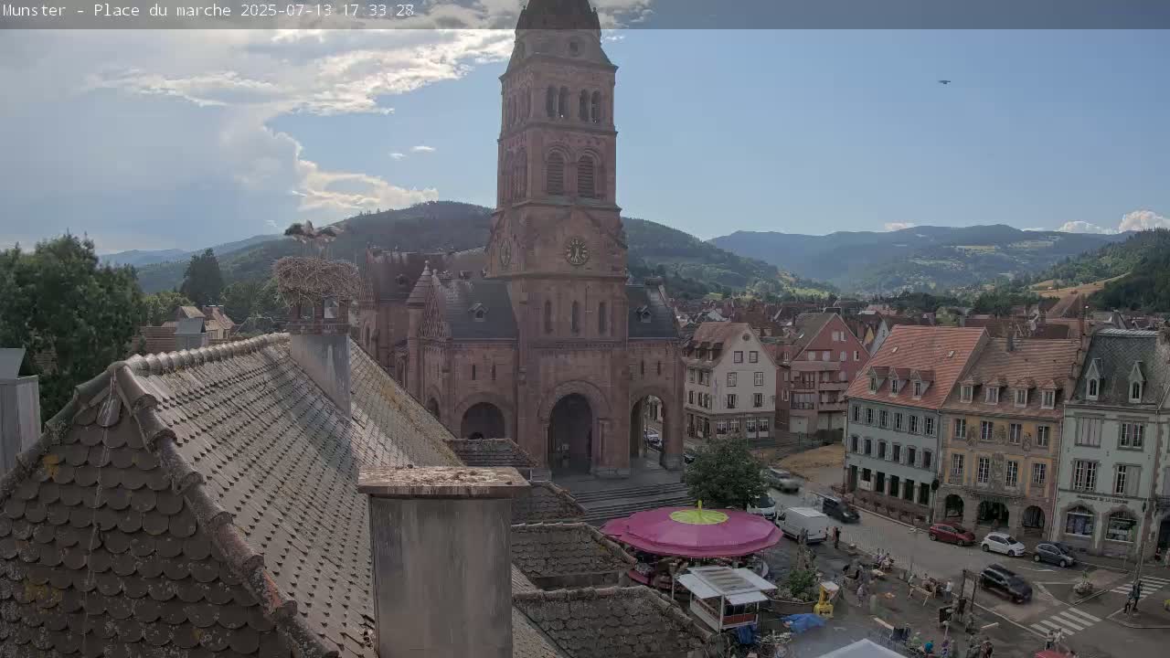 Munster,Place du Marché ( Market Square) & La Fontaine Lion Fountain / Église protestante (Protestant Church) Live Cam -  Colmar-Ribeauvillé, Haut-Rhin, Grand Est, France