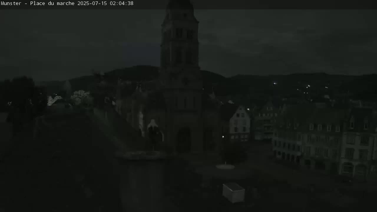Munster,Place du Marché ( Market Square) & La Fontaine Lion Fountain / Église protestante (Protestant Church) Live Cam -  Colmar-Ribeauvillé, Haut-Rhin, Grand Est, France