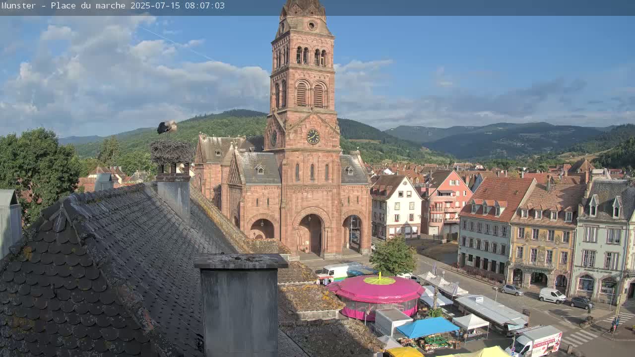 Munster,Place du Marché ( Market Square) & La Fontaine Lion Fountain / Église protestante (Protestant Church) Live Cam -  Colmar-Ribeauvillé, Haut-Rhin, Grand Est, France