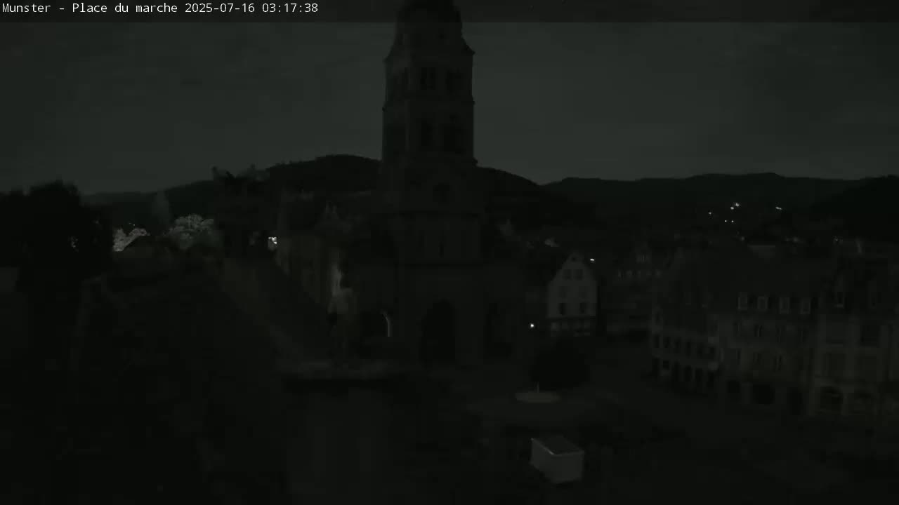 Munster,Place du Marché ( Market Square) & La Fontaine Lion Fountain / Église protestante (Protestant Church) Live Cam -  Colmar-Ribeauvillé, Haut-Rhin, Grand Est, France