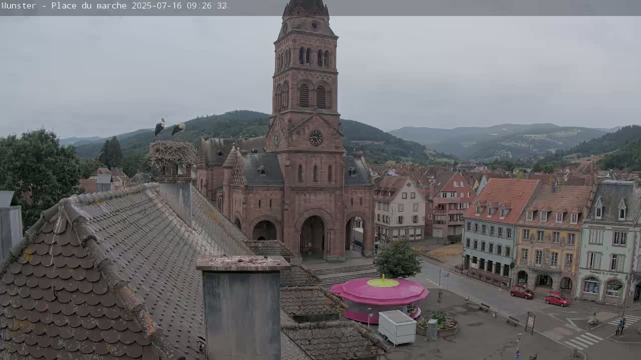 A view of a town square dominated by a large stone church, with storks nesting on a chimney, under an overcast sky.