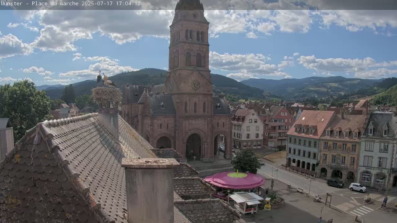Munster,Place du Marché ( Market Square) & La Fontaine Lion Fountain / Église protestante (Protestant Church) Live Cam -  Colmar-Ribeauvillé, Haut-Rhin, Grand Est, France