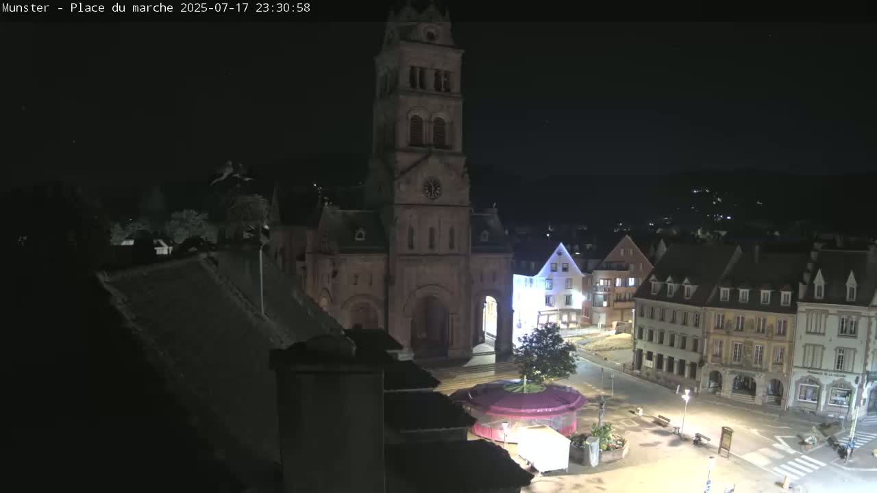 Munster,Place du Marché ( Market Square) & La Fontaine Lion Fountain / Église protestante (Protestant Church) Live Cam -  Colmar-Ribeauvillé, Haut-Rhin, Grand Est, France
