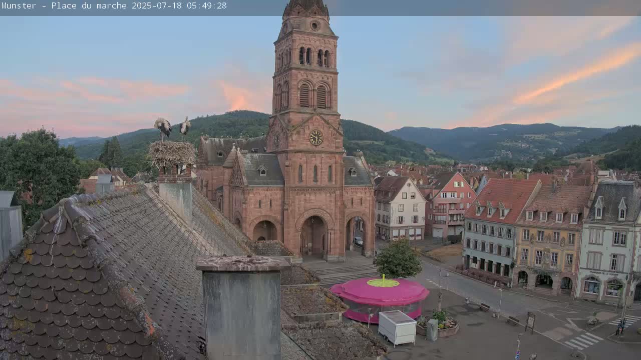 Munster,Place du Marché ( Market Square) & La Fontaine Lion Fountain / Église protestante (Protestant Church) Live Cam -  Colmar-Ribeauvillé, Haut-Rhin, Grand Est, France