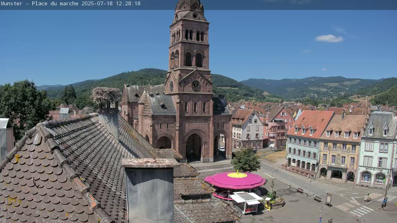 Munster,Place du Marché ( Market Square) & La Fontaine Lion Fountain / Église protestante (Protestant Church) Live Cam -  Colmar-Ribeauvillé, Haut-Rhin, Grand Est, France