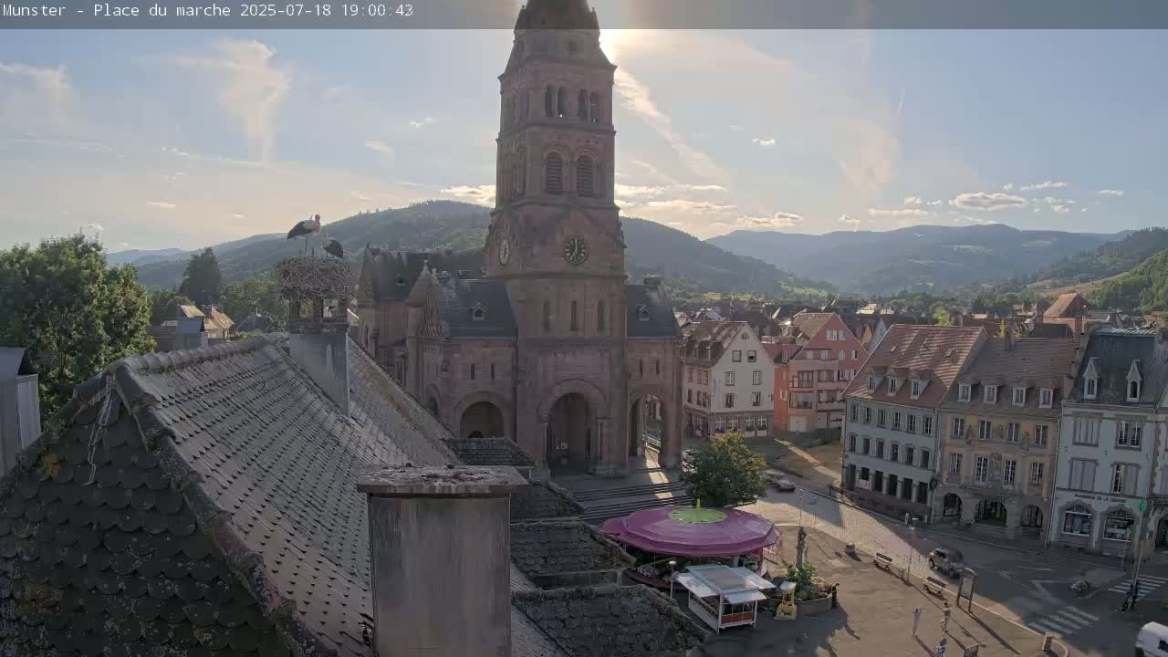 Munster,Place du Marché ( Market Square) & La Fontaine Lion Fountain / Église protestante (Protestant Church) Live Cam -  Colmar-Ribeauvillé, Haut-Rhin, Grand Est, France