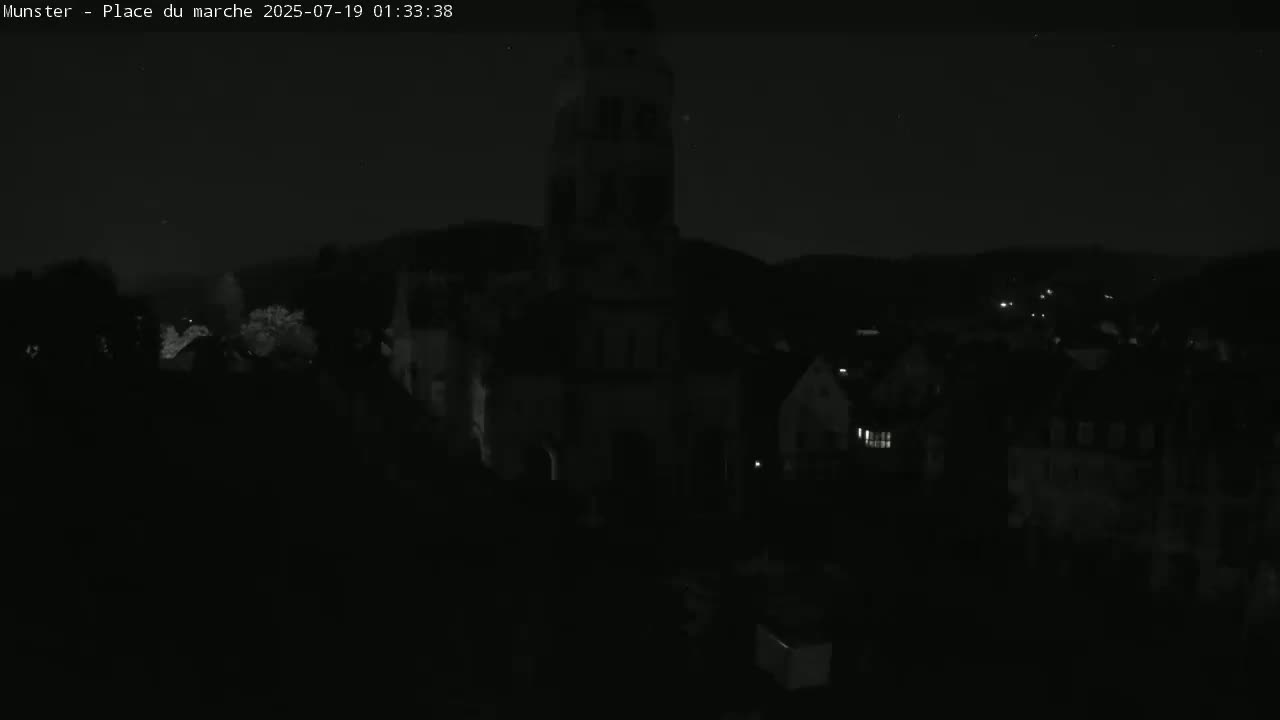 Munster,Place du Marché ( Market Square) & La Fontaine Lion Fountain / Église protestante (Protestant Church) Live Cam -  Colmar-Ribeauvillé, Haut-Rhin, Grand Est, France