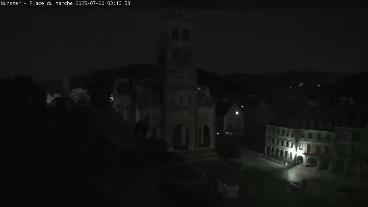 Munster,Place du Marché ( Market Square) & La Fontaine Lion Fountain / Église protestante (Protestant Church) Live Cam -  Colmar-Ribeauvillé, Haut-Rhin, Grand Est, France