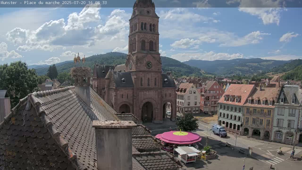 Munster,Place du Marché ( Market Square) & La Fontaine Lion Fountain / Église protestante (Protestant Church) Live Cam -  Colmar-Ribeauvillé, Haut-Rhin, Grand Est, France