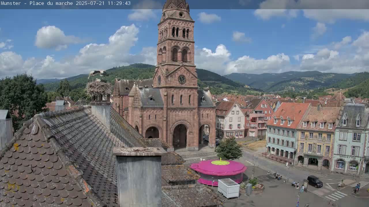 Munster,Place du Marché ( Market Square) & La Fontaine Lion Fountain / Église protestante (Protestant Church) Live Cam -  Colmar-Ribeauvillé, Haut-Rhin, Grand Est, France