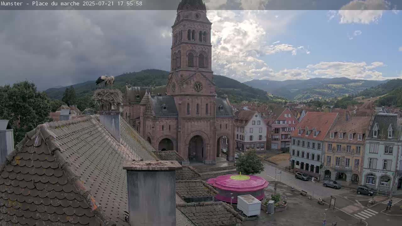 Munster,Place du Marché ( Market Square) & La Fontaine Lion Fountain / Église protestante (Protestant Church) Live Cam -  Colmar-Ribeauvillé, Haut-Rhin, Grand Est, France