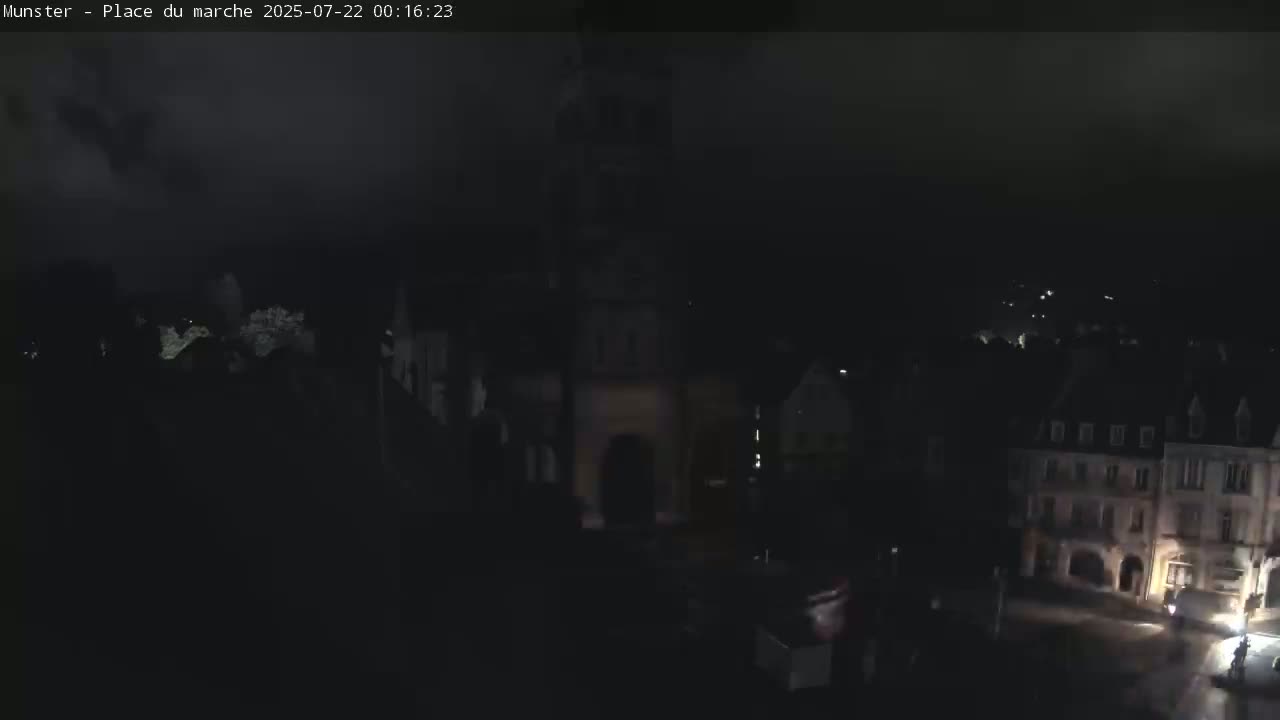 Munster,Place du Marché ( Market Square) & La Fontaine Lion Fountain / Église protestante (Protestant Church) Live Cam -  Colmar-Ribeauvillé, Haut-Rhin, Grand Est, France