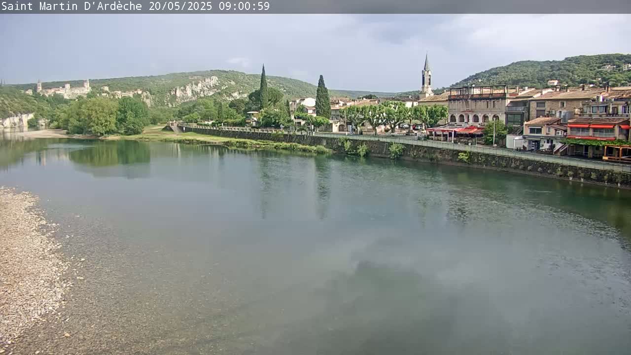A calm river reflects a small town nestled against a hillside under a partly cloudy sky.