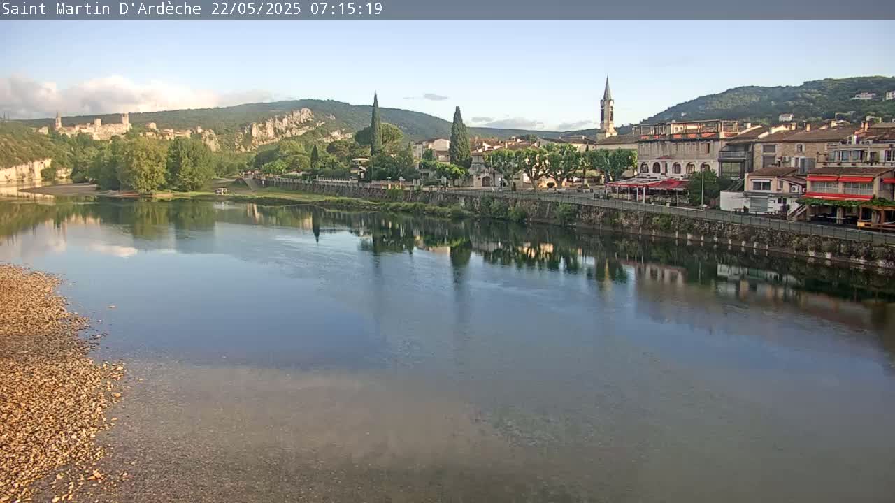 A calm river reflects a town nestled beside hills under a mostly clear sky.