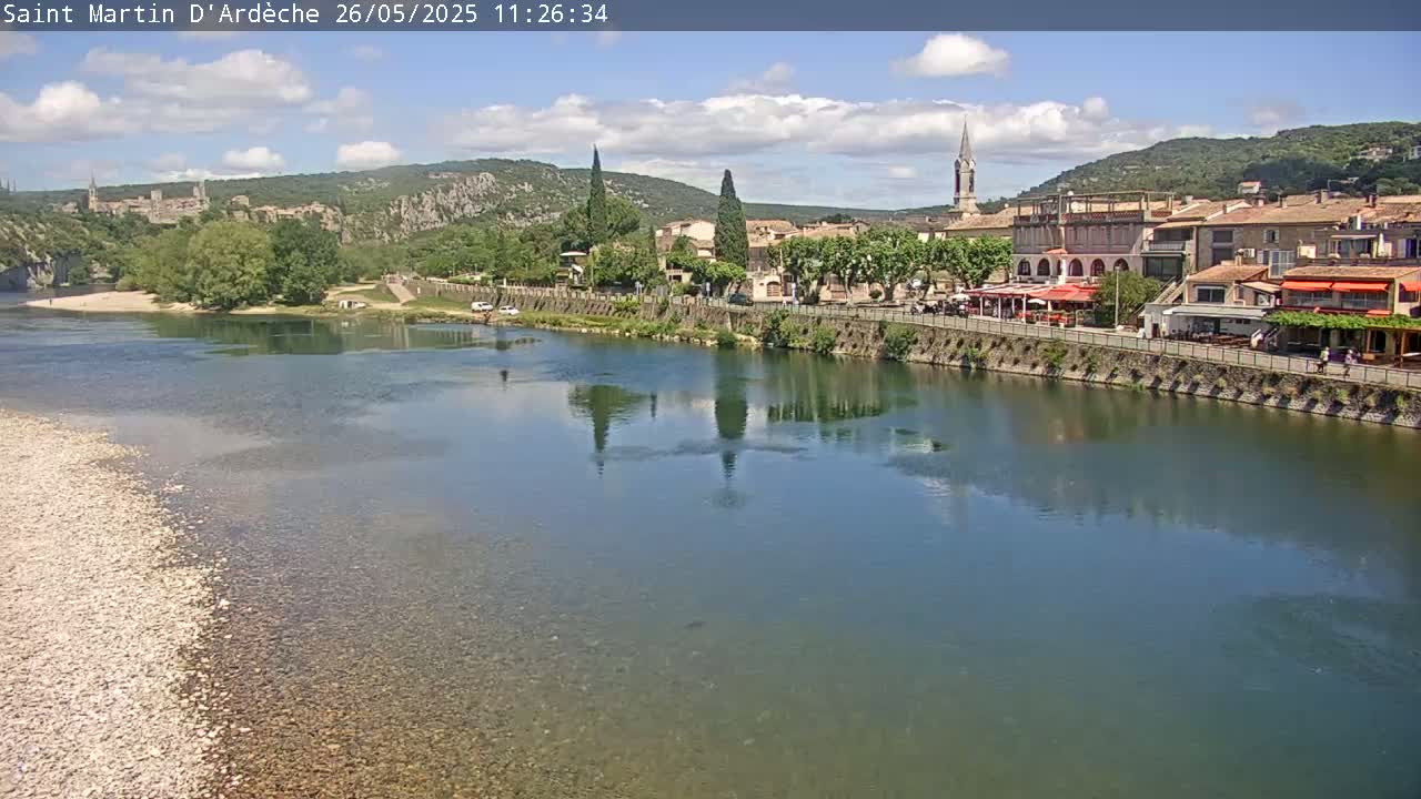 A river reflects a town nestled against hills under a partly cloudy sky.
