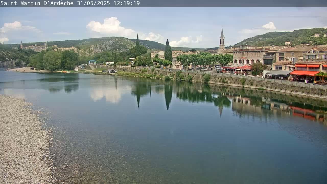 A river reflects a town with buildings and trees under a partly cloudy sky.