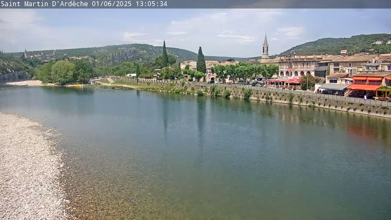 A river flows past a village nestled against a hillside on a partly sunny day.