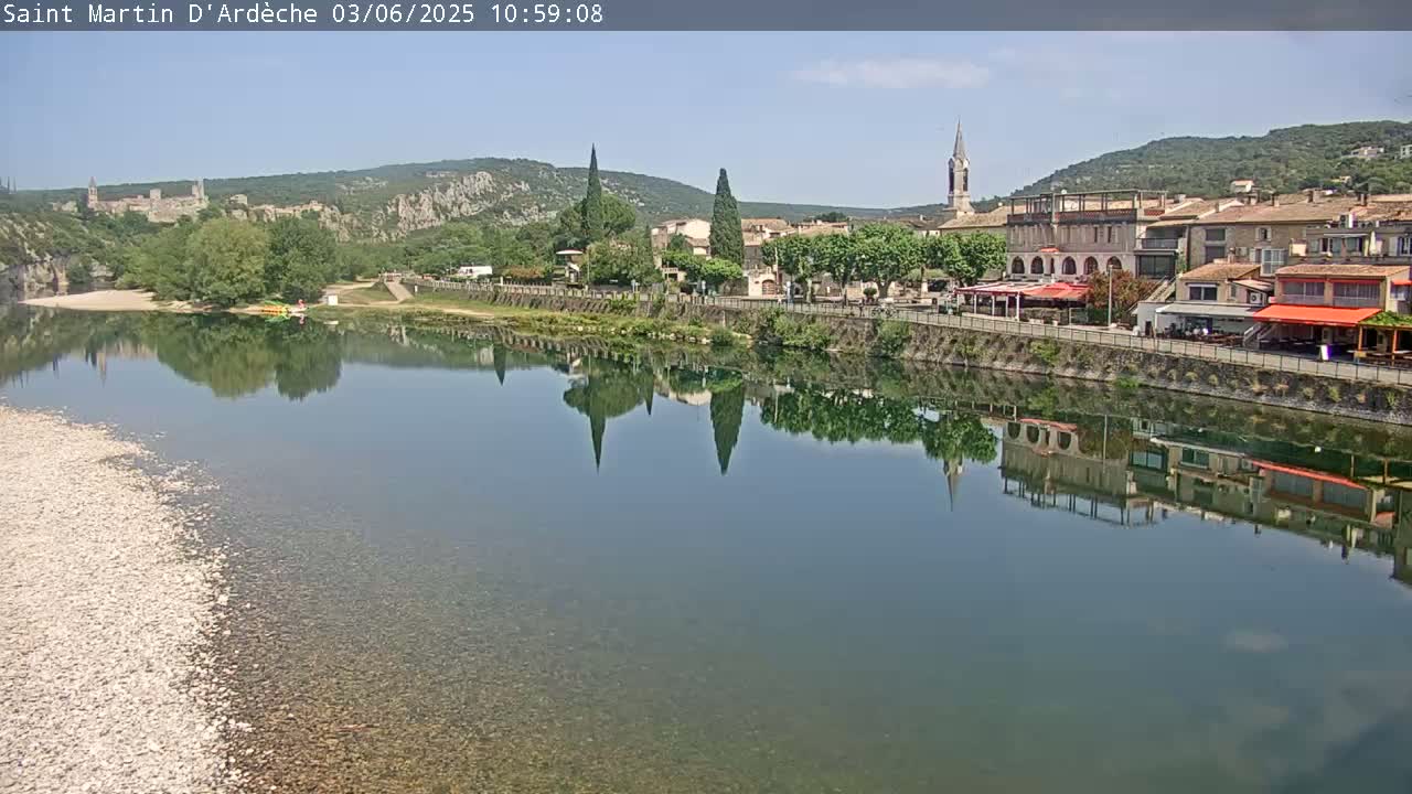 A calm river reflects a town nestled beside hills under a clear, sunny sky.