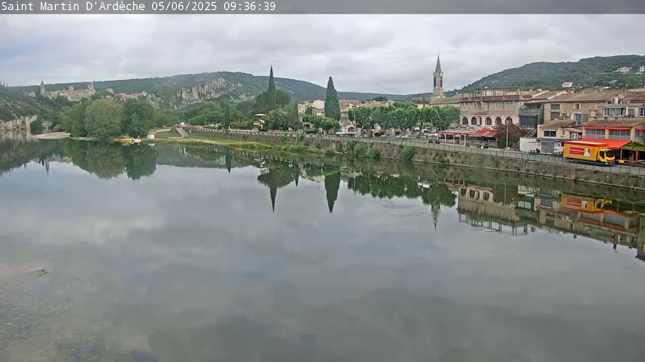 A calm river reflects a town nestled against hills under a cloudy sky.